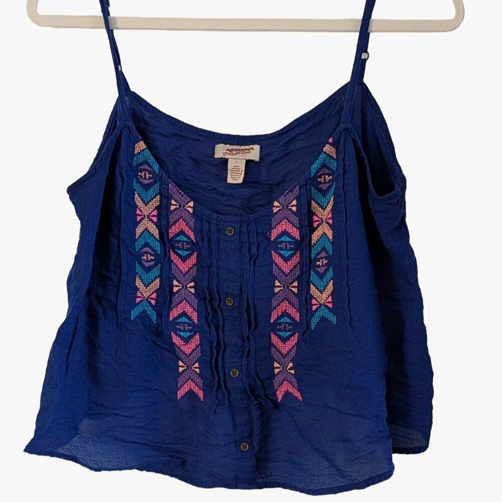 Boho Embroidered Gauze Tank Top Blue Semi Sheer Festival Cami Size S Flowy